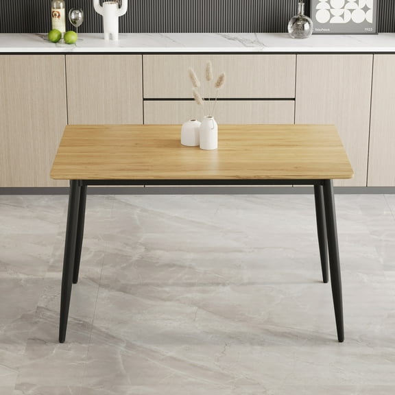 Modern Minimalist Dining Table, Wood Grain Design with Black Metal Legs