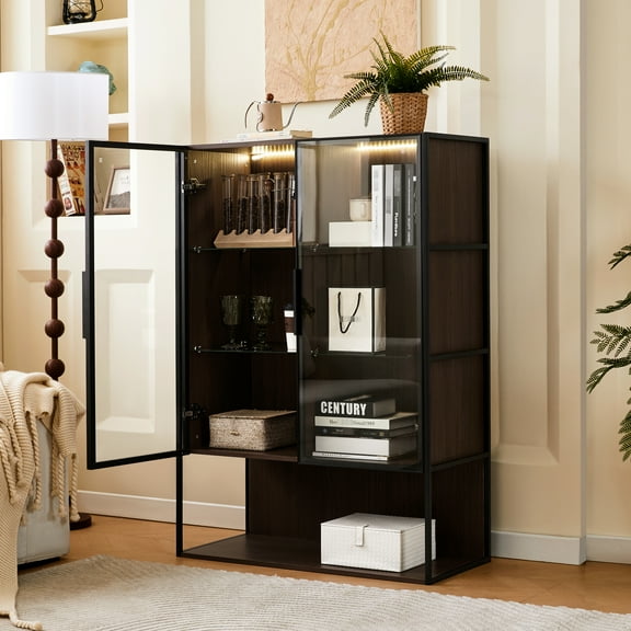 Modern Minimalist Display With Led Lighting And Tempered Glass - 51.2'' Tall, Metal Frame For Living Room, Office, Study Tall Cabinet Door Design