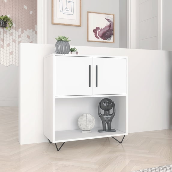 Modern Minimalist Easy to Assemble Storage Cabinet with 2 Doors and Sturdy Metal Legs, Accent Side 26 inch L Free Standing Cabinet for Living Room, Kitchen or Bedroom (White)