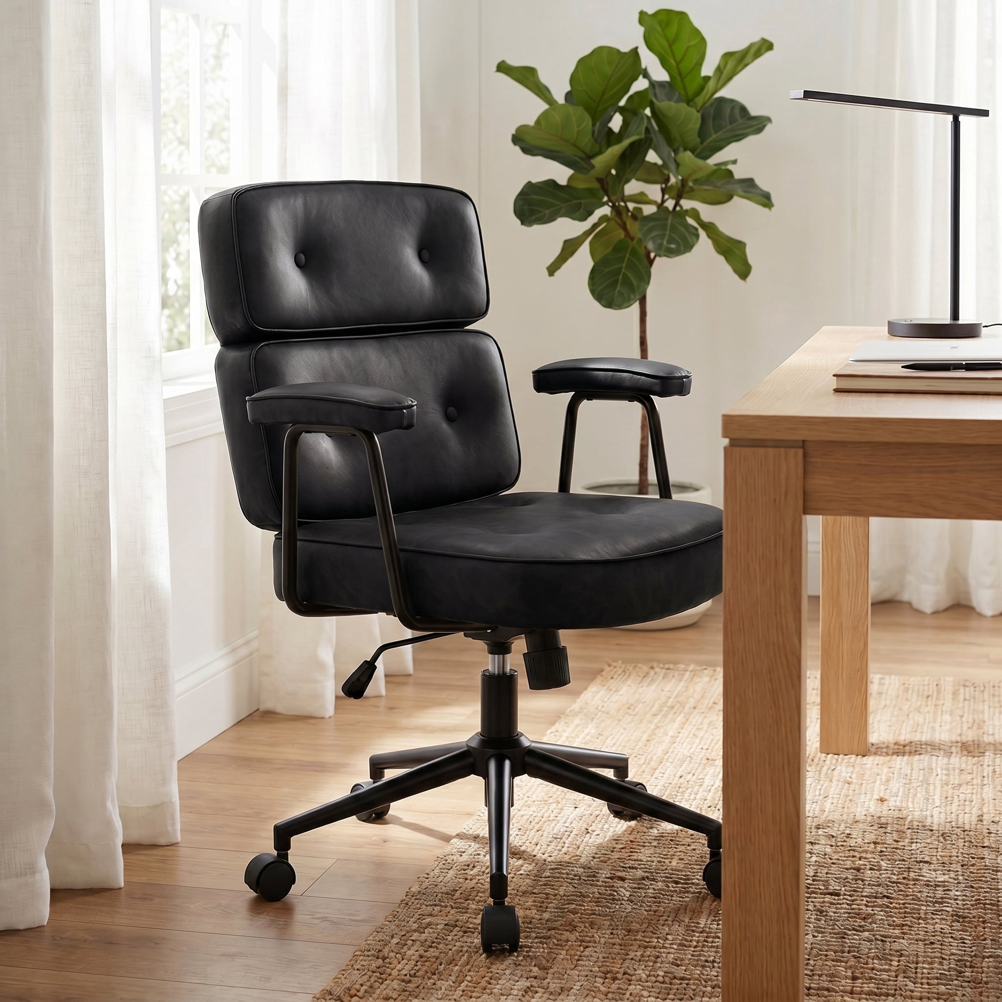 ENYLAY PU Leather Executive Office Chair, Extra Wide Ergonomic Computer Chair with Lumbar Support, Swivel Rocking, Adjustable Height & Thickened Cushions, Mid Back (Black)