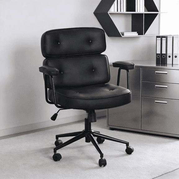 PU Leather Executive Office Chair, Extra Wide Ergonomic Computer Desk Chair with Lumbar Support & Swivel Rocking, Adjustable Height Thickened Cushions Mid Back (Black)