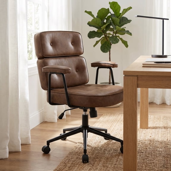 PU Leather Executive Office Chair, Extra Wide Ergonomic Computer Desk Chair with Lumbar Support & Swivel Rocking, Adjustable Height Thickened Cushions Mid Back (Brown)