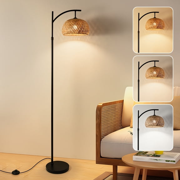 Modern Minimalist Floor Lamp With Hand Woven Bamboo Shade 3 Color Temperature Adjustable LED Light One Touch Button Switch For Bedroom Living Room Home Office Ambient Home Decor Lighting