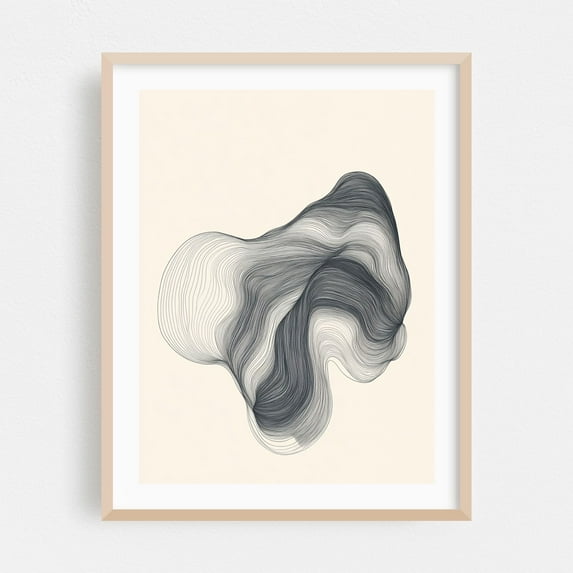 Modern Minimalist Flower Illustration - Line Drawing Abstract Line Art Minimalist Black and White Modern Art Geometric Waves Oak Framed Wall Art Print 18 x 24 inches