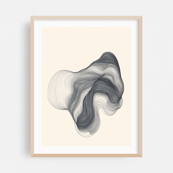 Modern Minimalist Flower Illustration - Line Drawing Abstract Line Art Minimalist Black and White Modern Art Geometric Waves Oak Framed Wall Art Print 5 x 7 inches