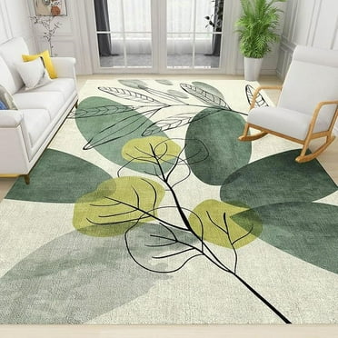 Modern Minimalist Green Leaves Area Rug, Abstract Watercolor Plants Soft Washable Carpet, Upholstery Rug With Non-Slip Backing For Kids Bedroom Living Room Dining Room Study 3 x 4ft