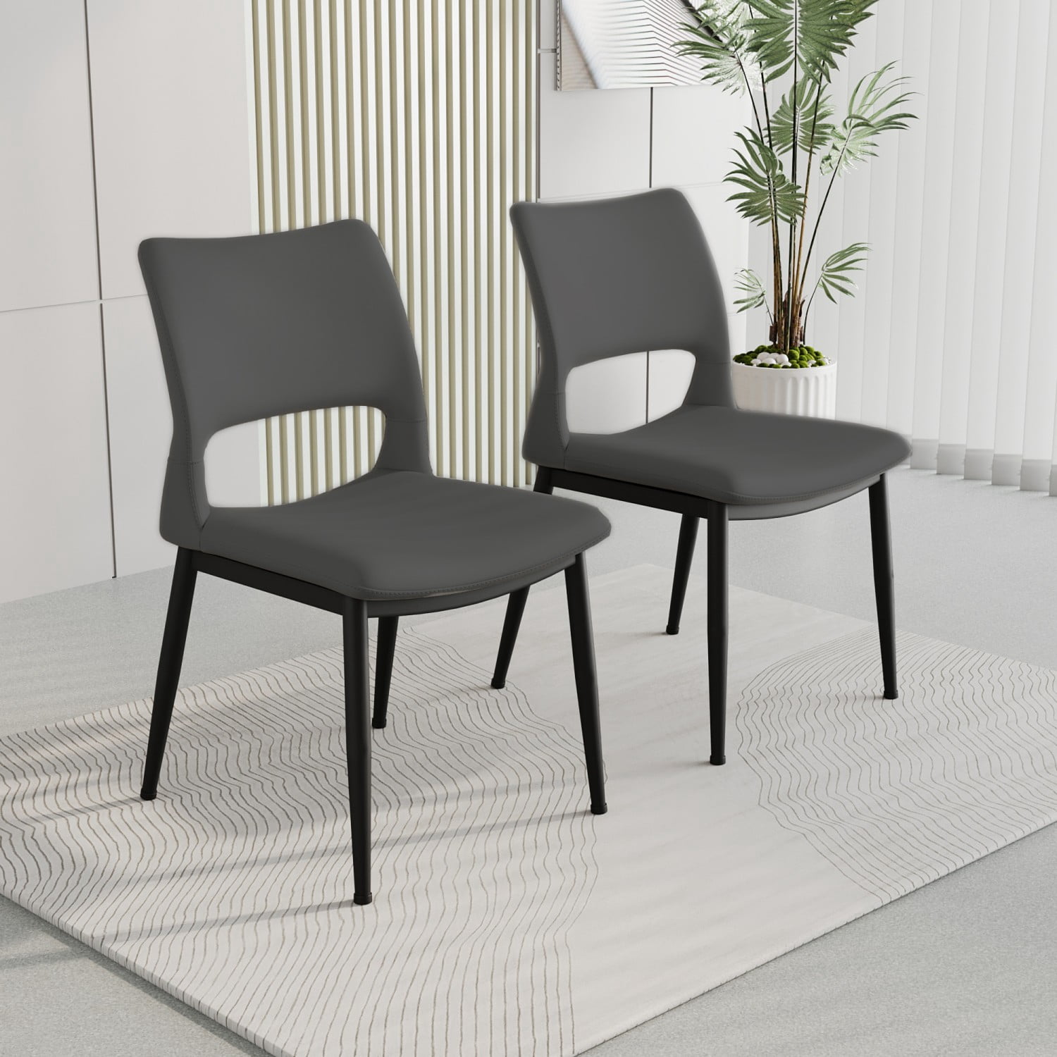 Modern Minimalist Grey PU Leather Dining Chairs Set of 2 Upholstered Kitchen Chairs with Metal Legs Ergonomic Backrest for Dining Room Restaurant Office