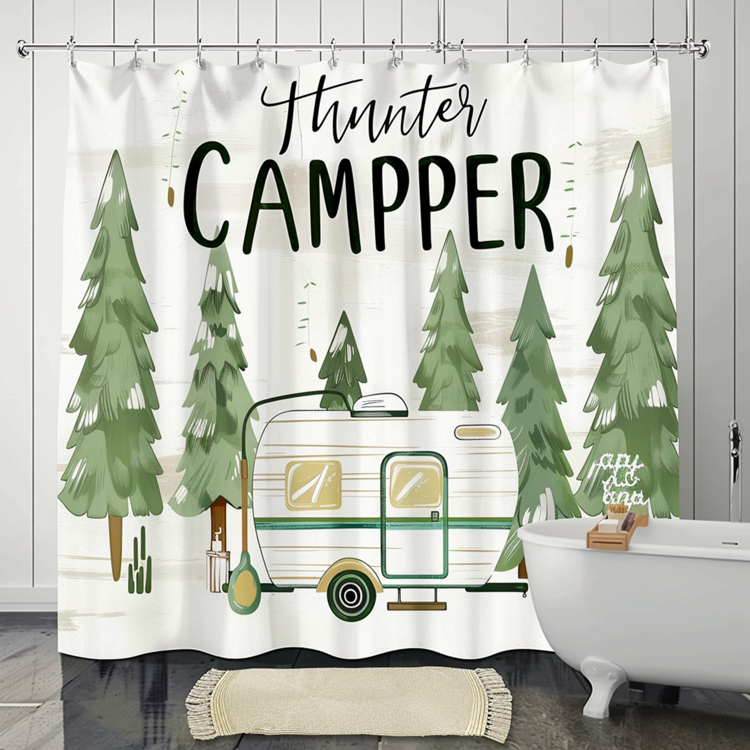 Modern Minimalist Happy Camper Shower Curtain with Boho Style Camping