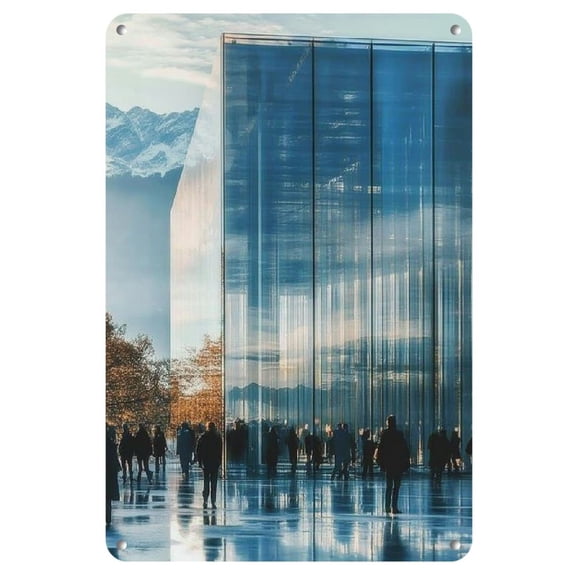 Modern Minimalist Iron Wall Art, Square Horizontal Decorative Painting with Tourists Appreciating Glass Facade, Ideal for Wedding, New Year, Valentine'S Day, Bridal Shower