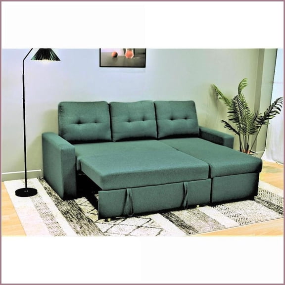 Modern Minimalist L-Shaped Convertible Sleeper Sectional Space-Saving for Small Living Rooms | Teal | Polyester | Square Arms