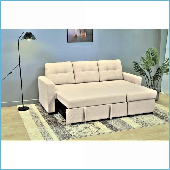 Modern Minimalist L-Shaped Sectional Sleeper Sofa  Space-Saving Convertible for Small Living Rooms & Apartments | Beige | Polyester | Square Arms