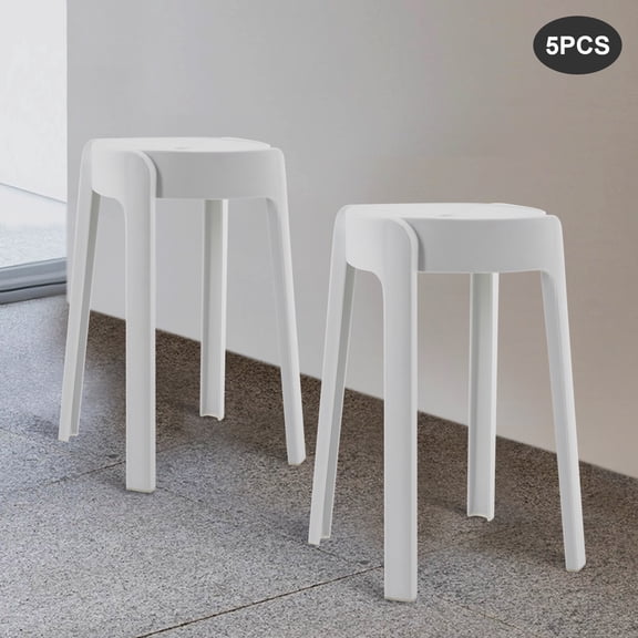 Modern Minimalist L-Shaped White Indoor Outdoor Kitchen Bar Chairs 5Pcs Plastic Stools Stackable Seat 18'' H