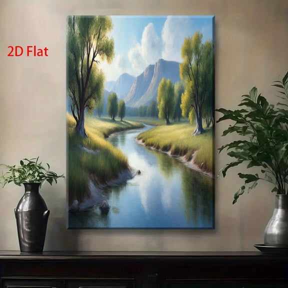Modern Minimalist Landscape Canvas Painting - Serene River, Green Hills & Blue Sky Nature Scene - Wrapped Canvas Framed Wall Art in Green, Blue, Yellow, Brown - Living Room, Bedroom