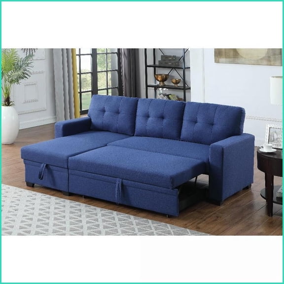 Modern Minimalist Linen Pull-Out Sectional Sofa with Storage Chaise | Square Arms | Wood Frame | Twin Sleeper for Living Room