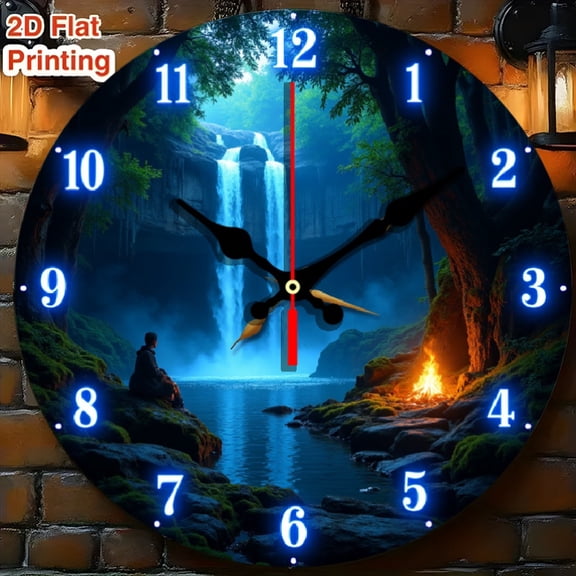 Modern Minimalist Luminous Waterfall Wall Clock, Silent Quartz Movement, White Acrylic Frame with Blue Night Light, Serene Forest Waterfall Print, Decor for Bedroom and Bathroom, AA Batteries