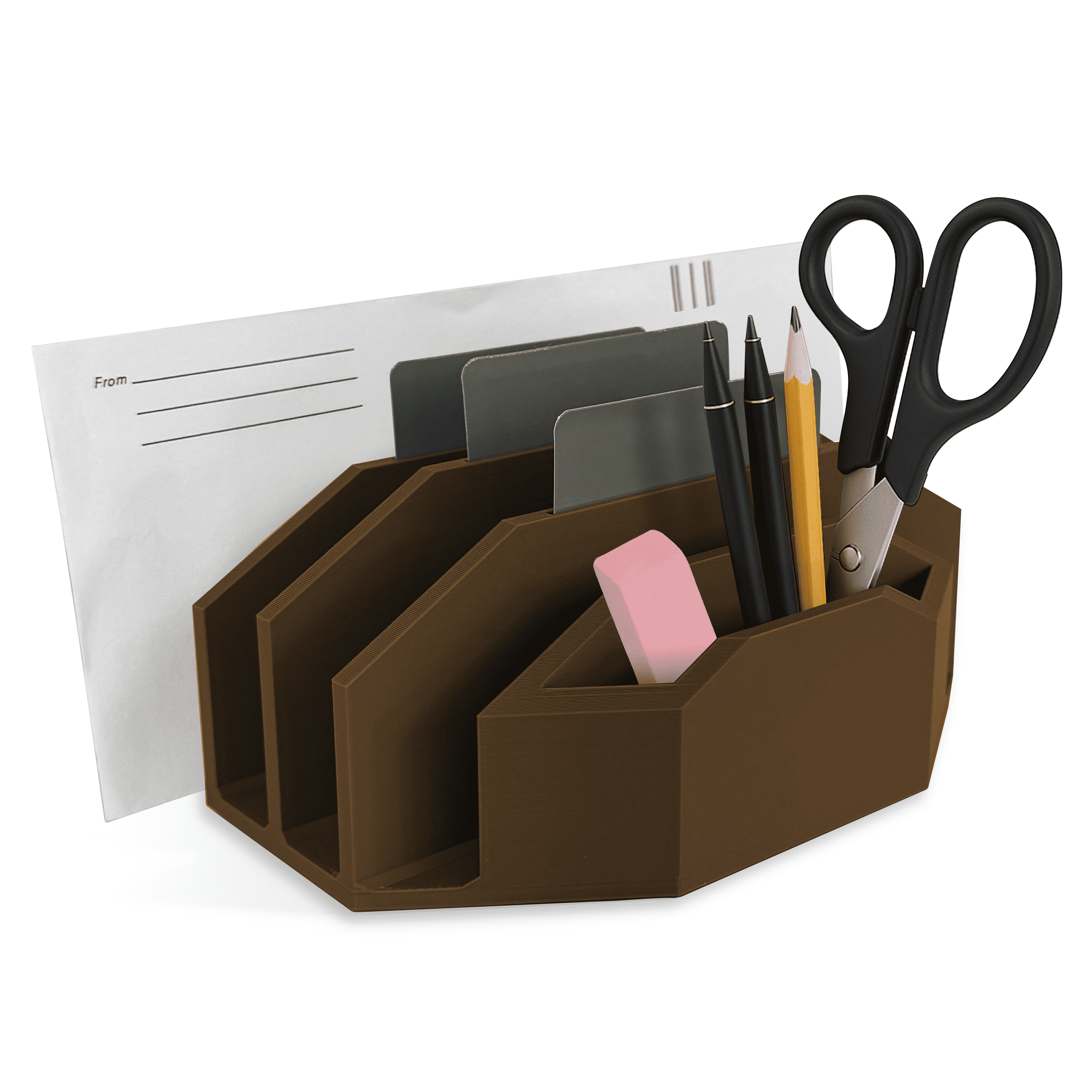 Modern Minimalist Mail Organizer (Coffee Brown) – Compact Desk Mail Holder with Tabs & Small Storage– 3D Printed in Multiple Colors