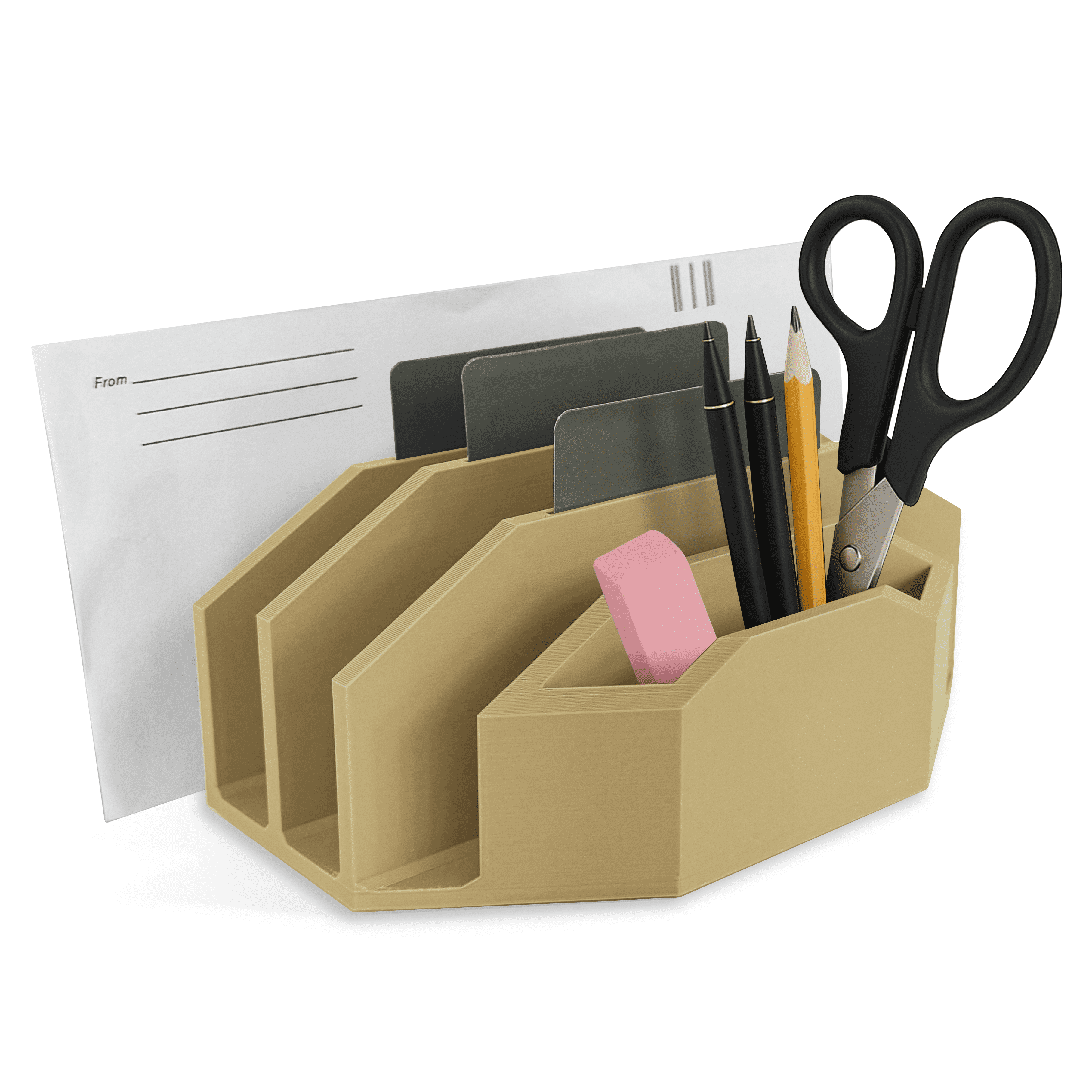 Modern Minimalist Mail Organizer (Oak Wood) – Compact Desk Mail Holder with Tabs & Small Storage– 3D Printed in Multiple Colors
