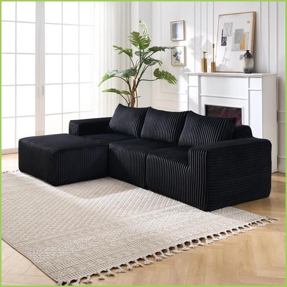 Modern Minimalist Modular L-Shape Sectional Sofa with Deep Seats, Right Facing Chaise for Living Room | Black | Polyester | Fabric
