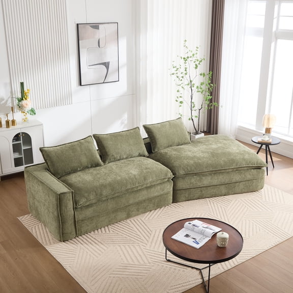 Modern Minimalist Modular Sectional Sofa, Upholstered Cloud Couch with Deep Seats, Right Facing Chaise for Living Room-Green