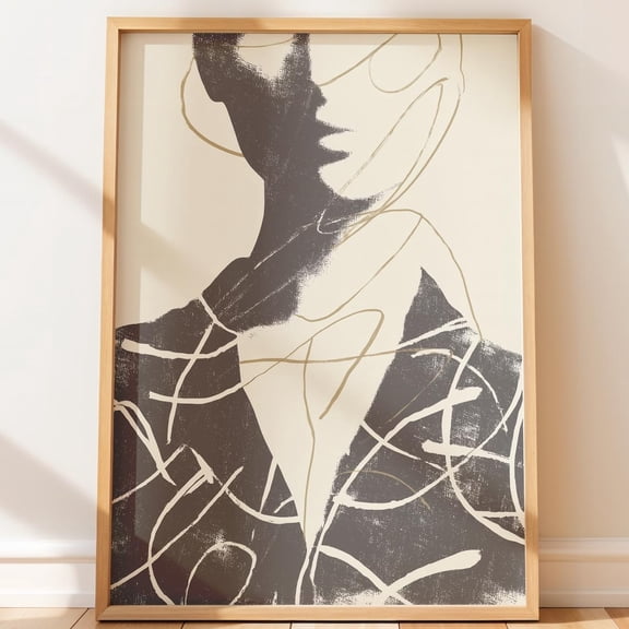 Modern Minimalist Monochrome Portrait Bust Abstract Ink Gold Line Drawing Neutral Contemporary Textured Unframed Paper Print