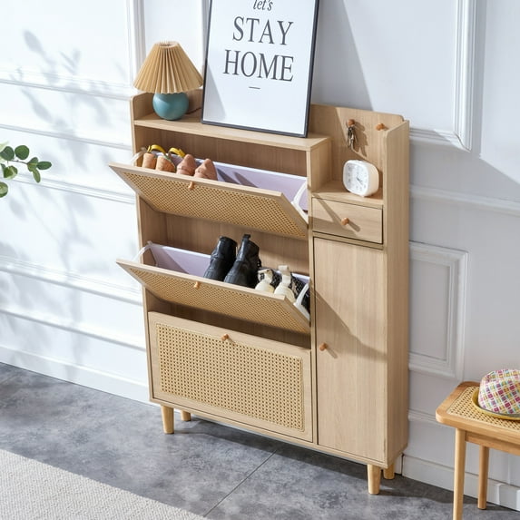 Modern Minimalist Narrow Shoe Cabinet with Flip Drawers & Open Shelves, MDF Entryway Storage for Small Spaces