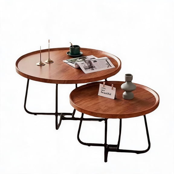 Modern Minimalist Nesting Coffee Table Set of 2 28" & 20" Round Tables, Fluted Design, Walnut Finish, Metal Frame Walnut Color Combination - Small