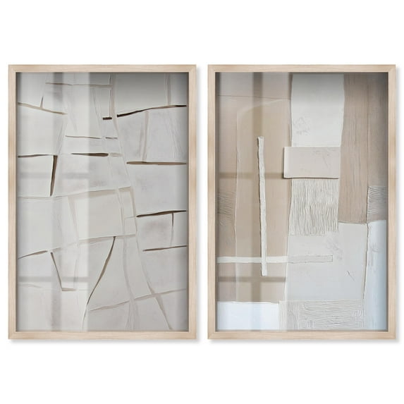 Modern Minimalist Neutral Duo 2 Panel Set Shadowbox Print Minimalist Wall Decor by Art Remedy, Blonde Frame, 30 x 45