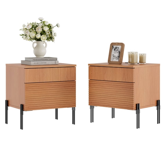 Modern Minimalist Nightstand Set Of 2, Reeded Wood End Table Set Of 2 With Built-In Charging Station For Bedroom, Living Room,Entryway