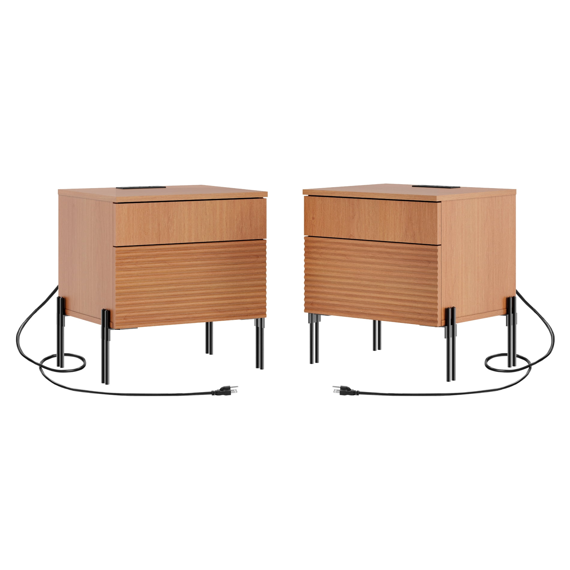 Modern Minimalist Nightstand Set Of 2, Reeded Wood End Table Set Of 2 With Built-In Charging Station For Bedroom, Living Room,Entryway