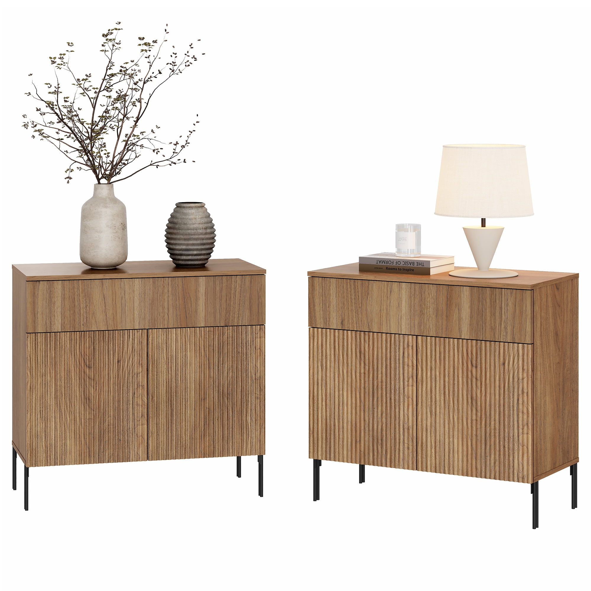 Modern Minimalist Nightstand Set of 2, 31.5" Wood End Table,Reeded Design Bedside Table for Bedroom, Living Room,Entryway