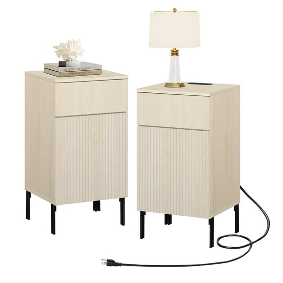 Modern Minimalist Nightstand Set of 2 with Built-In Outlets, Reed Pattern Design