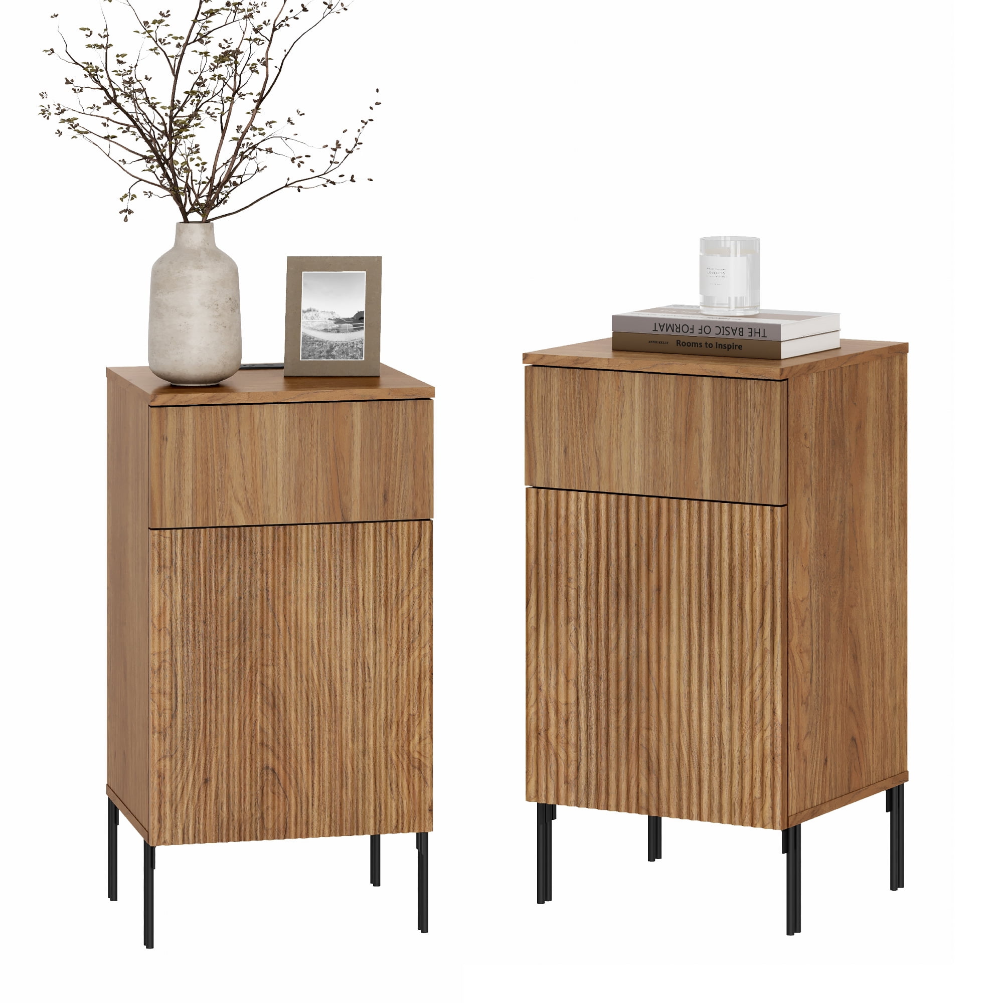Modern Minimalist Nightstand Set of 2 with Built-In Outlets, Reed Pattern Design