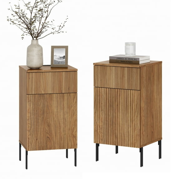Modern Minimalist Nightstand Set of 2 with Built-In Outlets, Reed Pattern Design