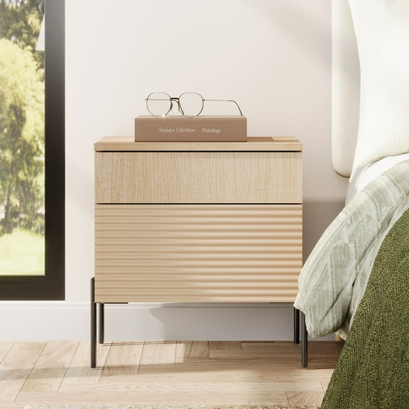 Modern Minimalist Nightstand With 2 Drawers,Reeded Wood End Table With Built-In Charging Station For Bedroom, Living Room,Entryway