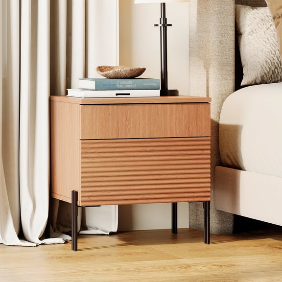Modern Minimalist Nightstand With 2 Drawers,Reeded Wood End Table With Built-In Charging Station For Bedroom, Living Room,Entryway
