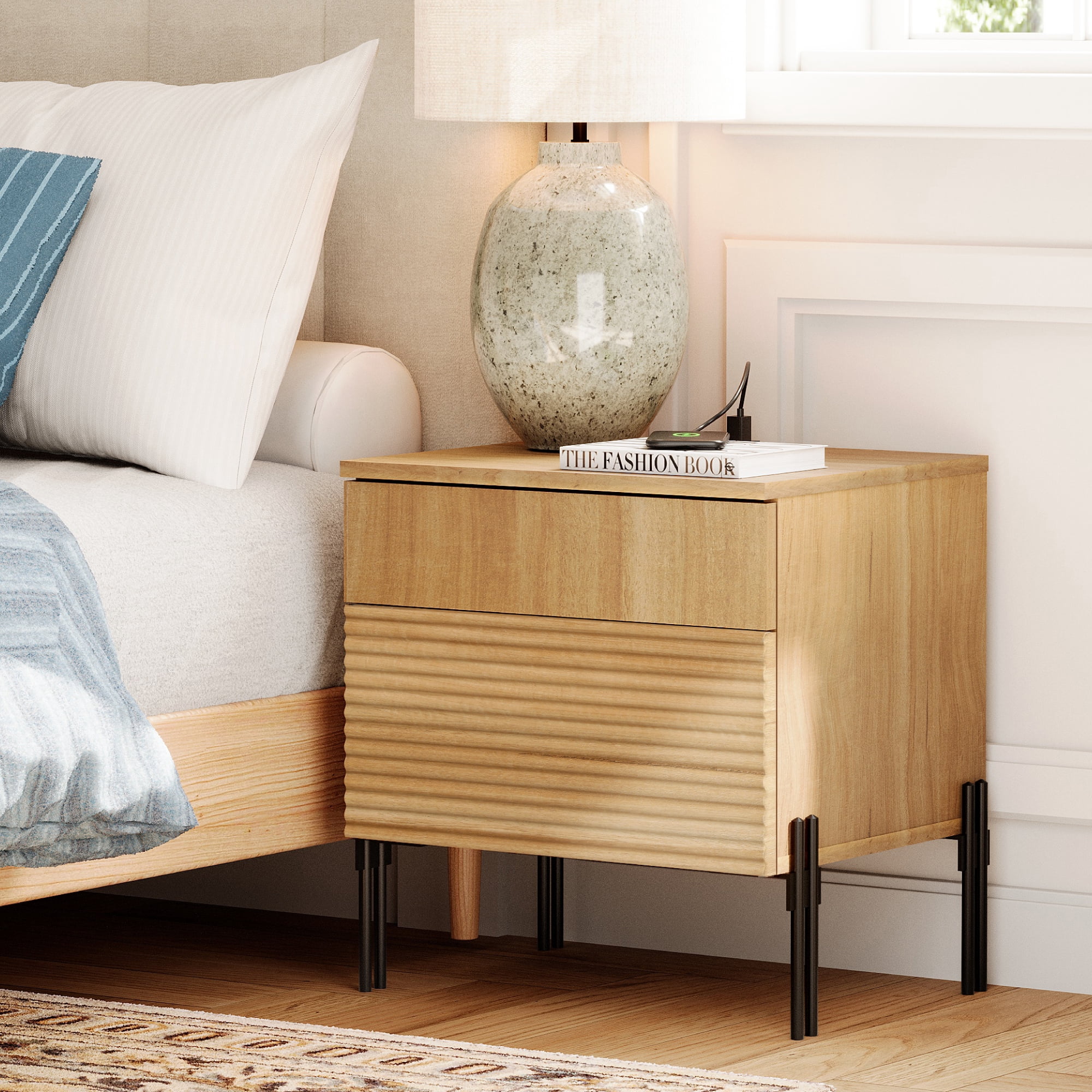 Modern Minimalist Nightstand With 2 Drawers,Reeded Wood End Table With Built-In Charging Station For Bedroom, Living Room,Entryway