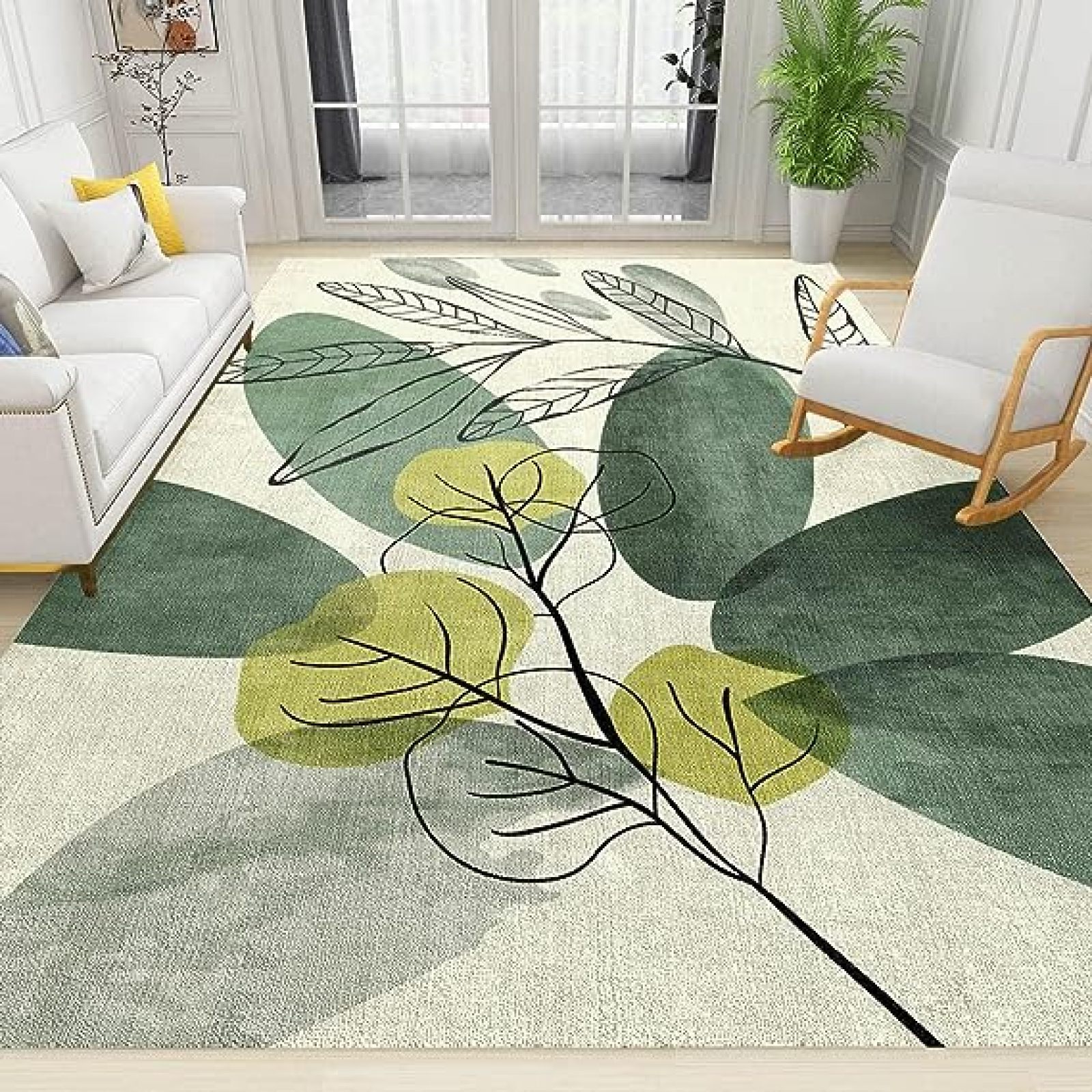 Modern Minimalist Plants Green Leaves Area Rugs, Gradient Watercolor