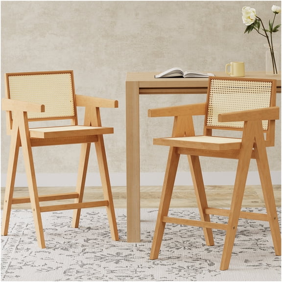 Modern Minimalist Rattan Bar Stools Set of 2, Natural Rubber Wood Frame with Cane Back and Seat