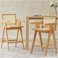 thumbnail image 1 of Set of 2 Natural Finish Bar Stools, Solid Wood Frame with Woven Cane Seat and Back, Modern Minimalist Style, 1 of 10