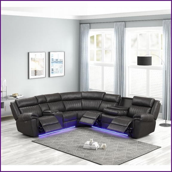 Modern Minimalist Recliner Sectional Sofa with Bluetooth Speakers & Wireless Charging for Living Room | Gray | Faux Leather | Square Arms