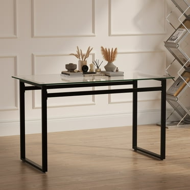Modern Minimalist Rectangular Glass Dining Table For 4-6 With 0.31" Tempered Glass Tabletop And Black Chrome Metal Legs, Writing Table Desk, For Kitchen Dining Living Room, 51" W X 27"D X 30" H
