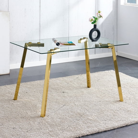 Modern Minimalist Rectangular Tempered Glass Dining Kitchen Table with Metal Legs Easy Clean Glass Tabletop for 4-6 Dining Room, Living Room, Office, Can be Used as Desk