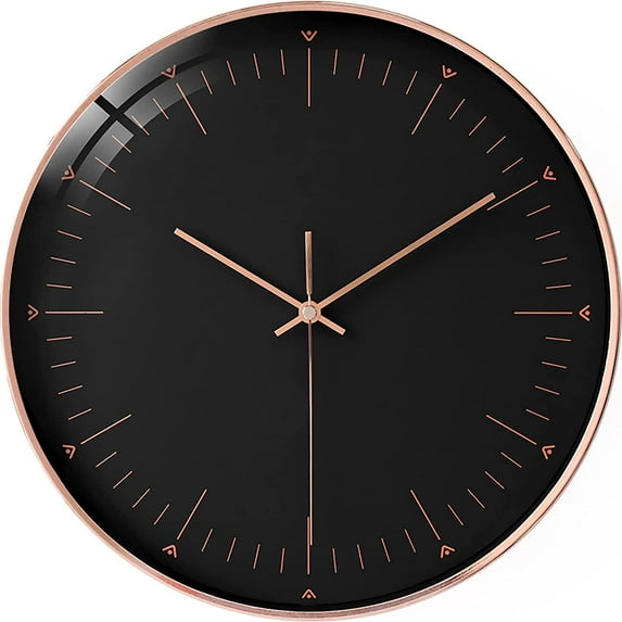 Modern Minimalist Rose Gold on Black Silent Wall Clock With Glass Top (Numberless Dial)