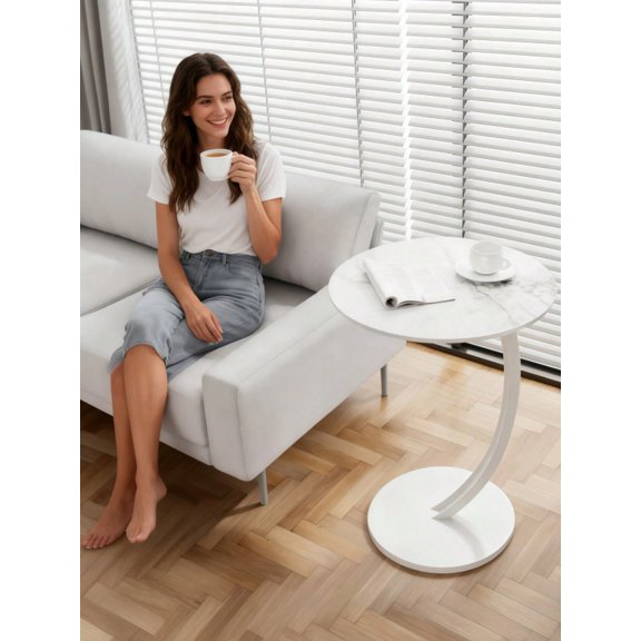 Modern Minimalist Round Coffee Table, Double-Layer Leisure Side Table with Marble Pattern Tabletop & Iron Base, Simple Luxury Lightweight Accent Table for Living Room Bedroom Balcony Kitchen