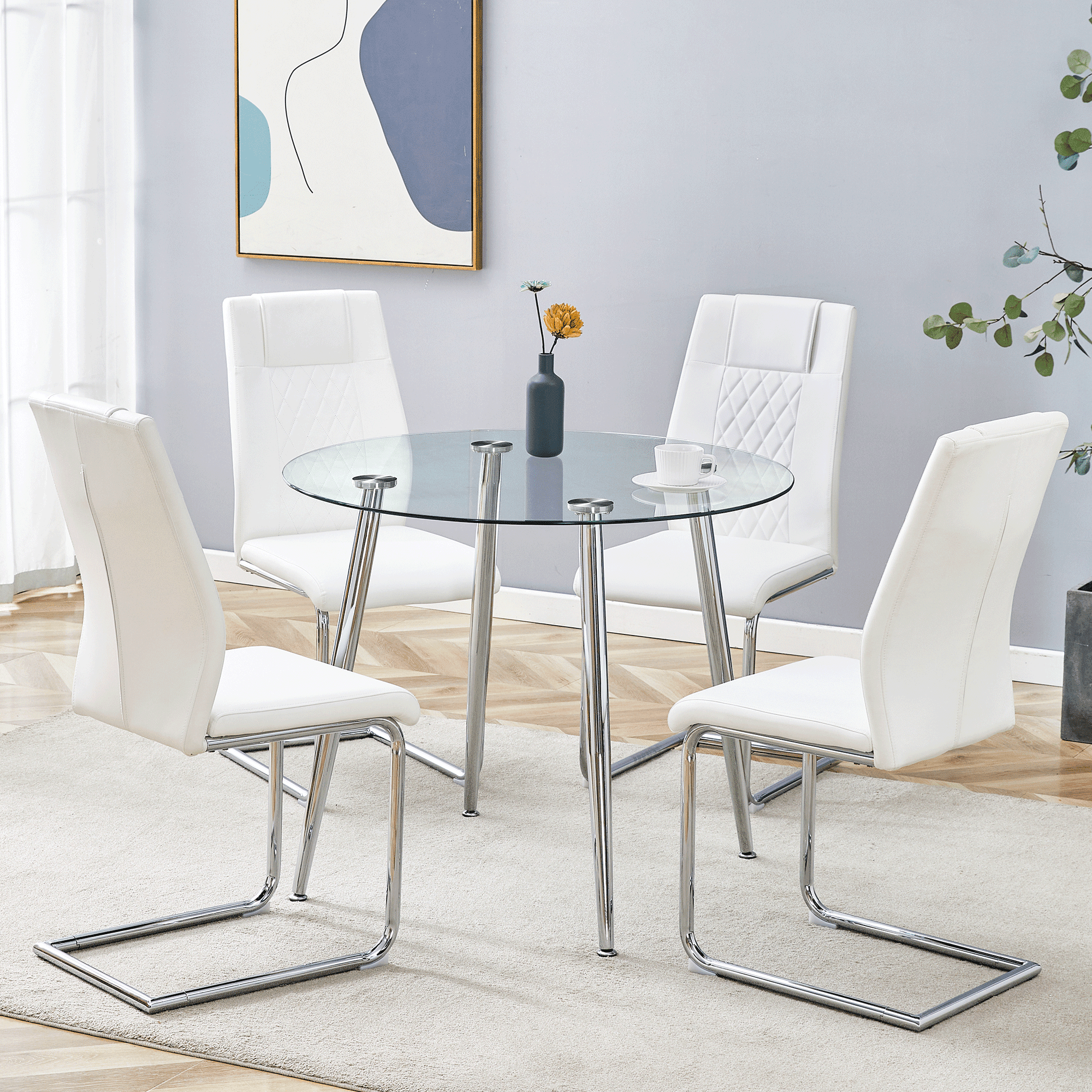 Modern Minimalist Round Glass Dining Table Set for 4 | Clear Tempered ...