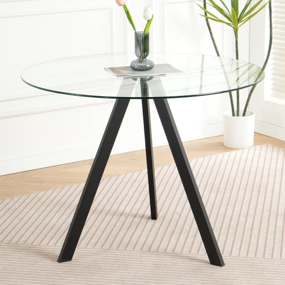 Modern Minimalist Round Glass Dining Table with Clear Glass Top & Black Metal Legs, Space-Saving Design for Kitchen, Dining & Living Room (Set of 1)
