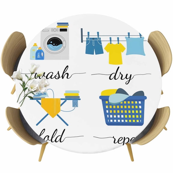 Modern Minimalist Round Tablecloth, Fitted Table Cover with Elastic for 36"-44" Round Tables, Cartoon Laundry Room Washing Machine Table Cloth Outdoor Indoor Dinning Party Waterproof Tablecloths