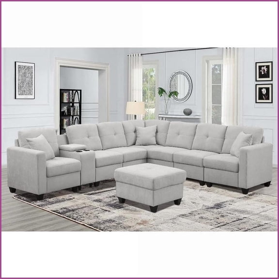 Modern Minimalist Sectional Sofa - Velvety Microfiber, Solid Wood Frame, Cup Holders for Living Room | Light Gray | Velvet | Square Arms