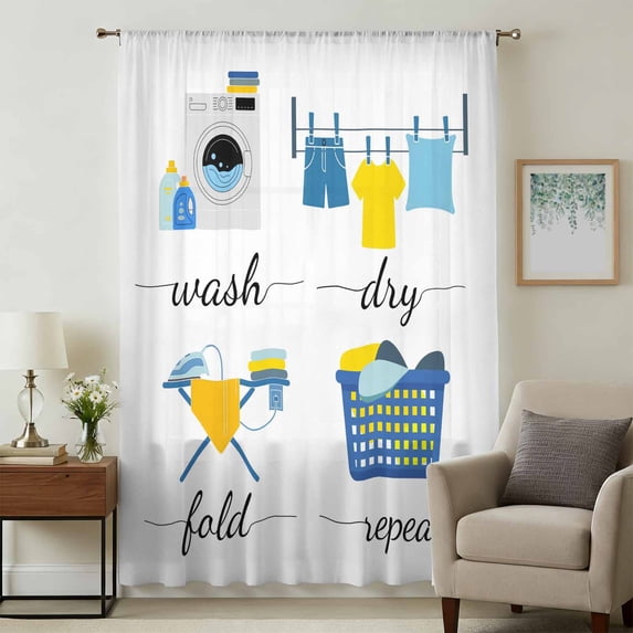 Modern Minimalist Sheer Curtains 54 Inches Long, Cartoon Laundry Room Washing Machine Light Filering Curtains, Breathable Simi Curtain Privacy Drapes for Kitchen Bathroom Nursery Window Treatment