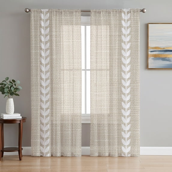 Modern Minimalist Sheer Curtains 63 Inches Long, Country Farmhouse Simple Stripes Art Beige Light Filtering Window Curtains for Living Room, Rod Pocket Voile Chiffon Drapes, 52"W x 63"L, 2 Panels